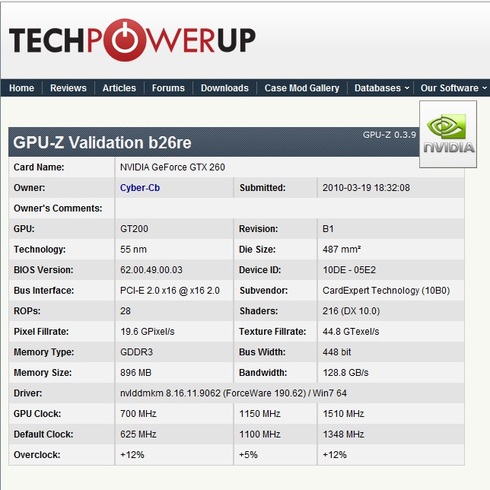 GPU-Z Nvidia GTX260 OC